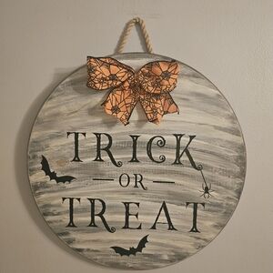 Halloween Trick or Treat Wood Door Hanger with Orange Bow